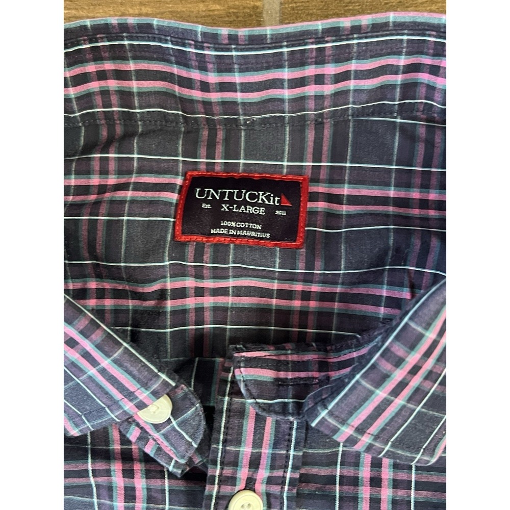 Untuckit Men's Shirt X Large Navy Blue Plaid Sarmassa Style No. 41258 Cotton - Picture 3 of 6